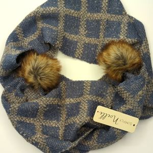 Plaid Knit Scarf with faux fur pom poms